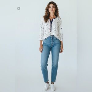 Ambria White w/ Blue Top that has blue and red trim, slits, silver buttons